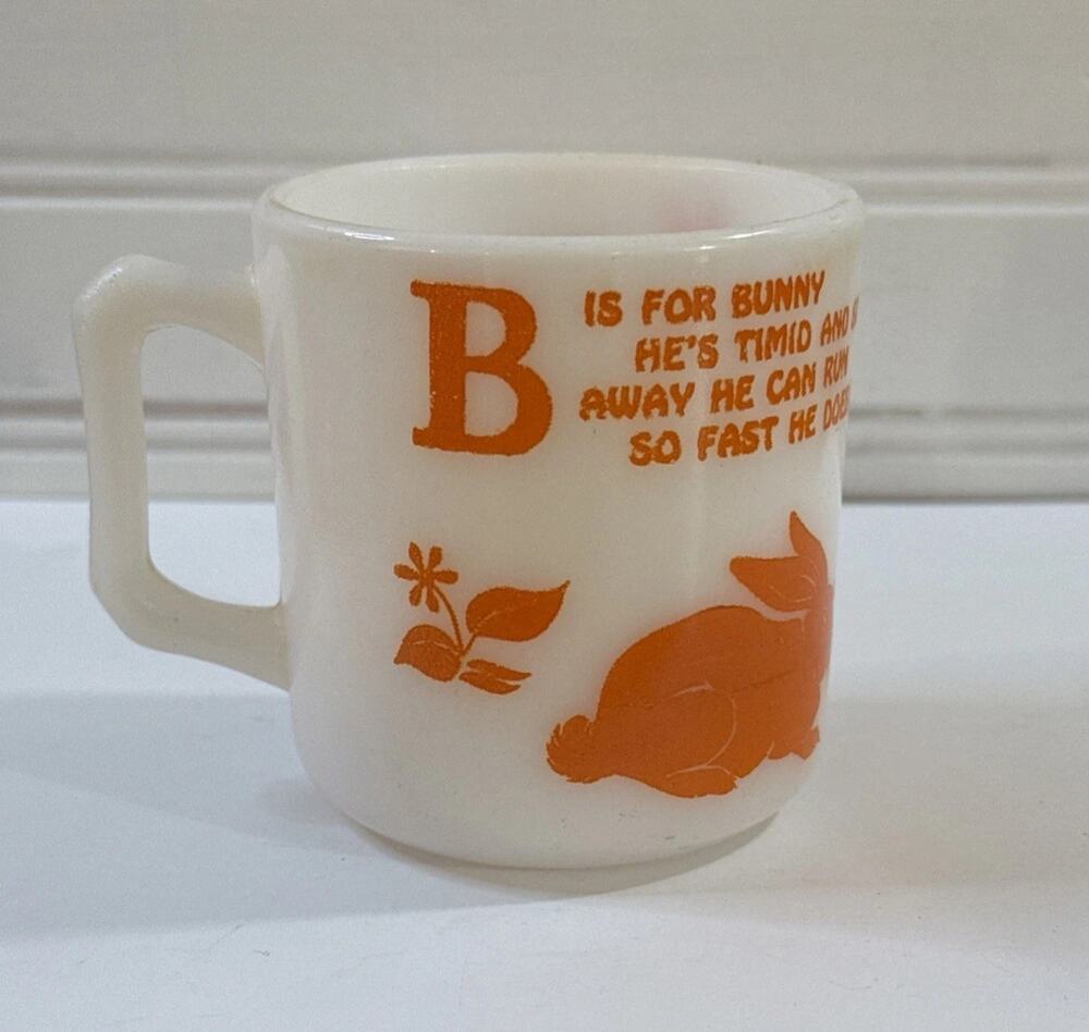 Vintage Hazel Atlas Children’s Mug Cup Orange B Is For Bunny Milk Glass Alphabet